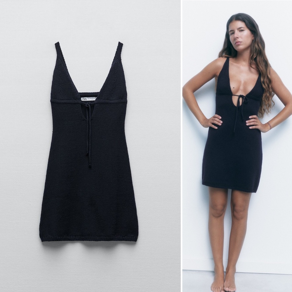 Zara Navy Blue Knit Tie Front Mini Dress
